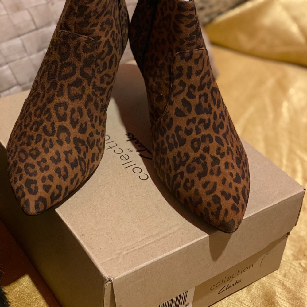 Clarks Collection Heeled Booties-Linvale Judith Leopard Suede.
